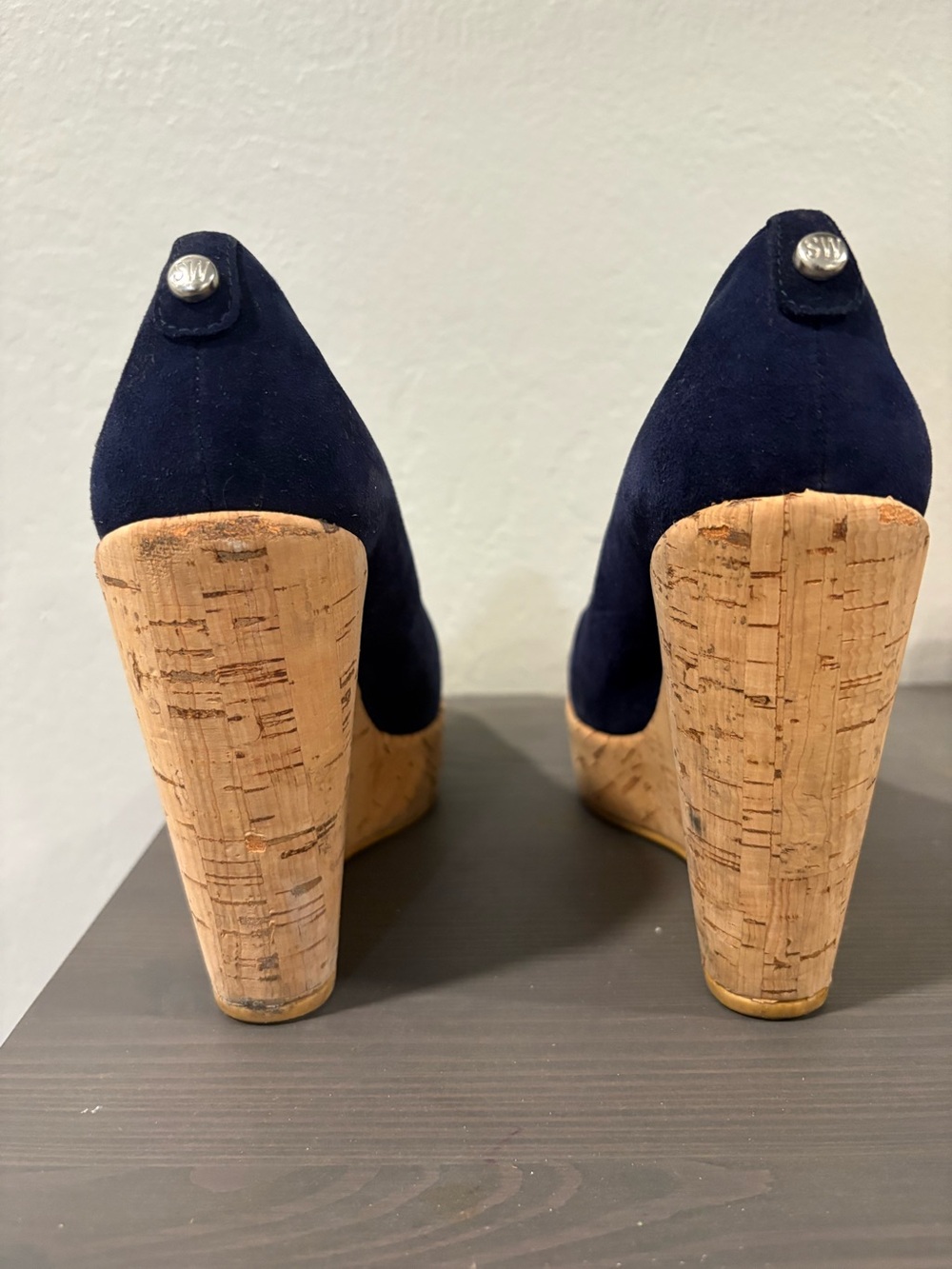 Stuart Weitzman Navy Suede Cork Wedge Pumps 4.5 with platform - Picture 2 of 5